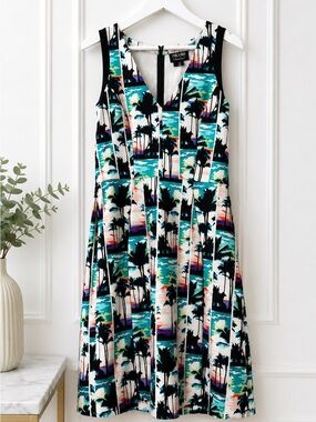 Nicole Palm-Print V-Neck Midi Dress in Teal, Black & Multi